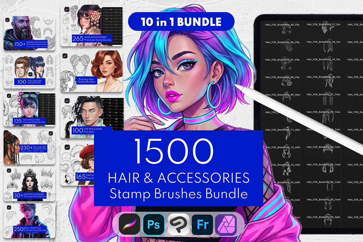 1500+ Hair Procreate Bundle, a Brush Add-On by Selentaori Studio (Photo 1 of 15)