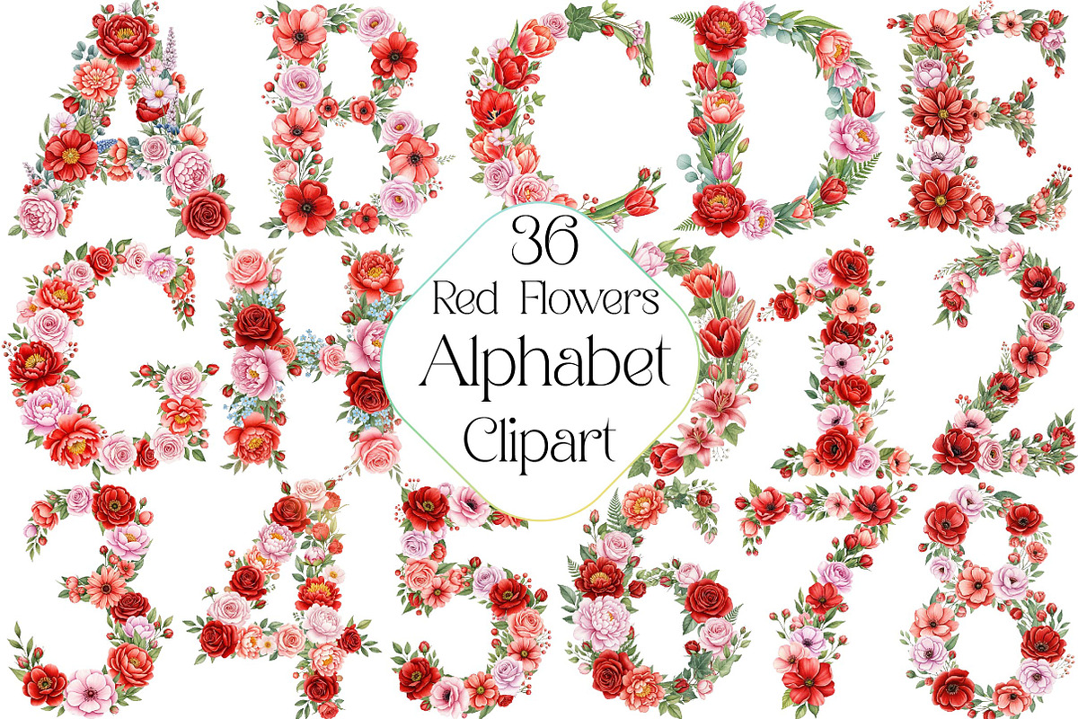 Watercolor Red Flowers Alphabet Clip, an Illustration by DreamPrint404 (Photo 1 of 4)