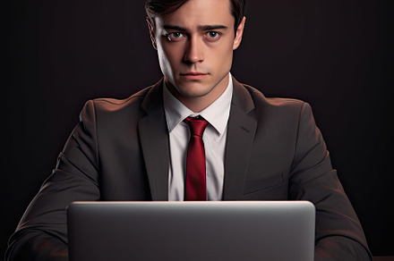 Young business man using laptop on o, a Photo by SaroStock