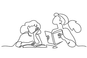 Two girls reading books. Continuous, a Person Illustration by Valenty