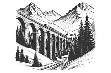 Mountain Railway Viaduct engraving, a Transportation Illustration by AlexArt