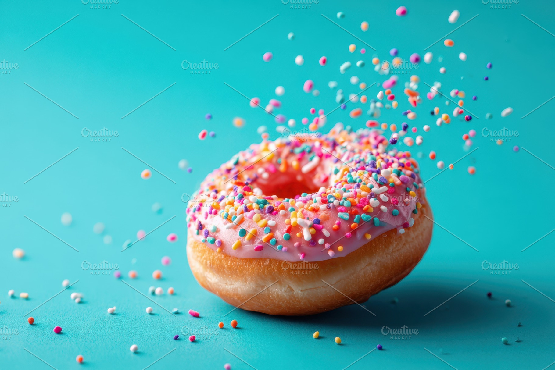 Colorful donut with sprinkles on turquoise background, a Food & Drink Photo by AlyaAnd