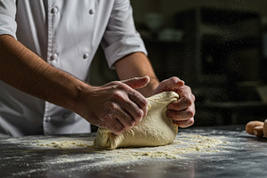 Baker kneading fresh dough, a Food & Drink Photo by professorinc
