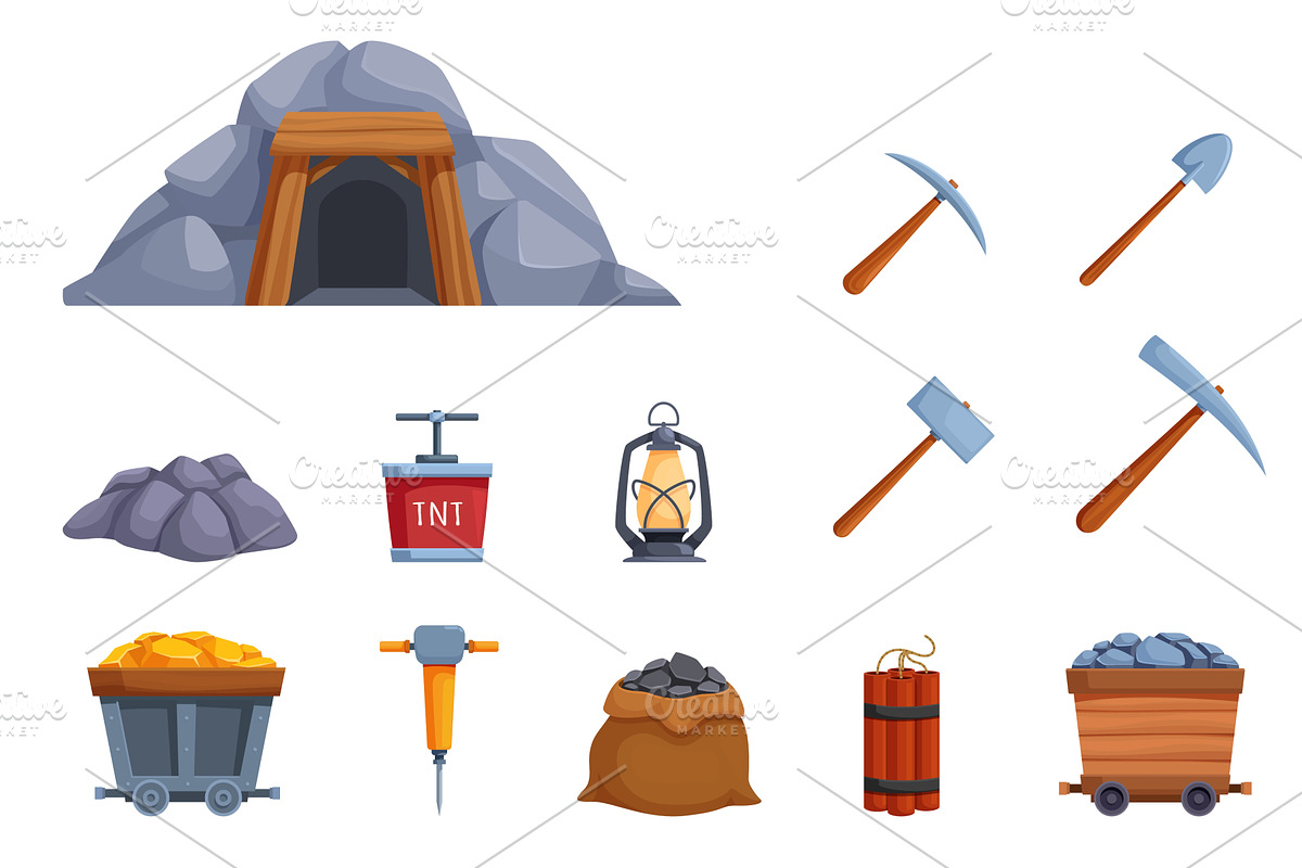 Mine equipments. Cartoon shovel pick, an Illustration by Valerie Bodnar