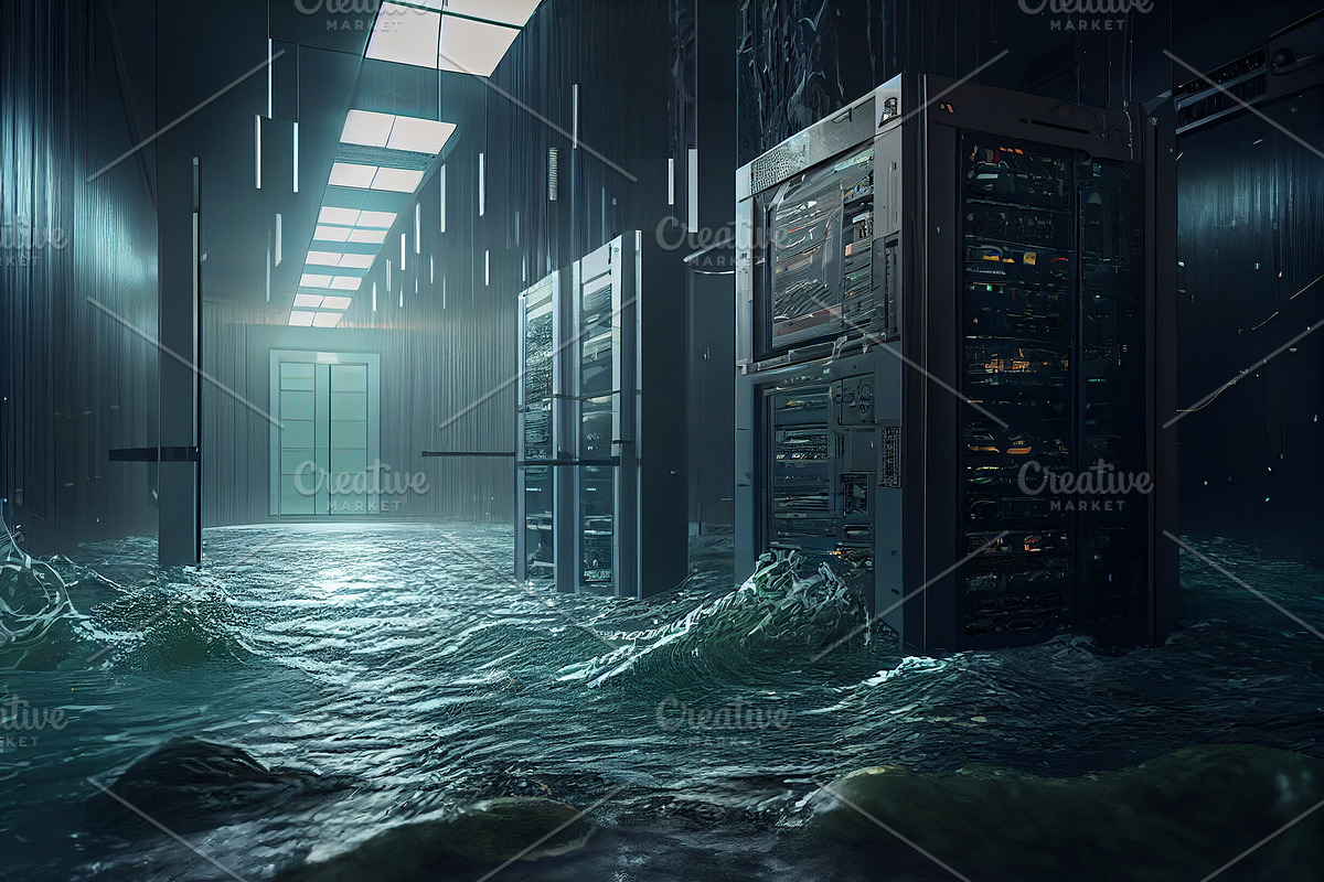 flooded server room, a Technology Illustration by Olyryk & Aglo