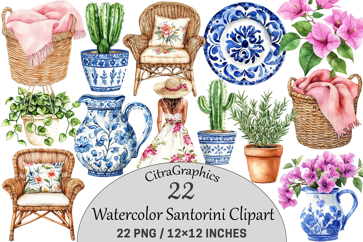 Watercolor Santorini Clipart, a Seasonal Illustration by CitraGraphics (Photo 1 of 6)