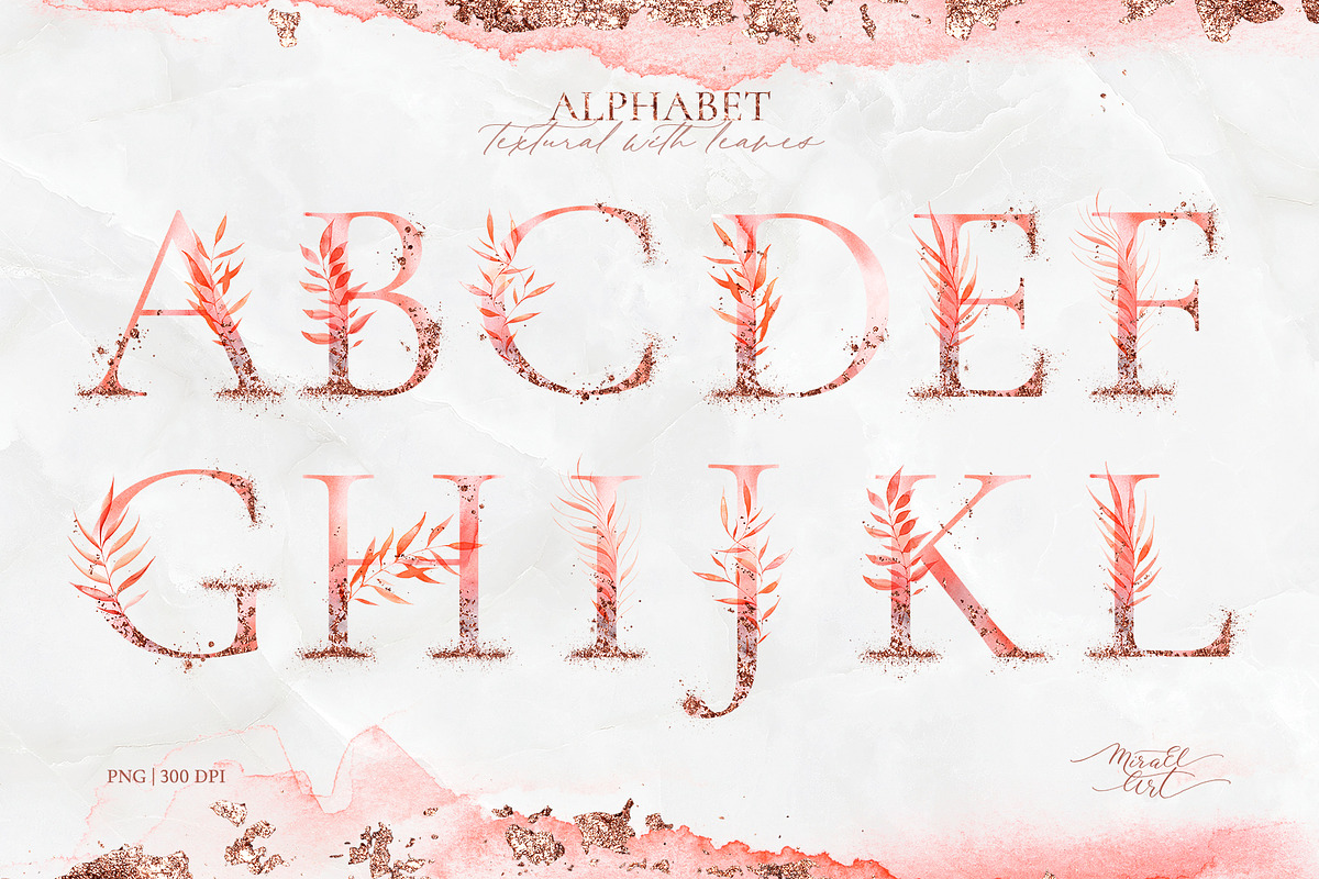 Pink watercolor leaves set. Alphabet, a Decorative Illustration by MiraEl Art (Photo 2 of 15)