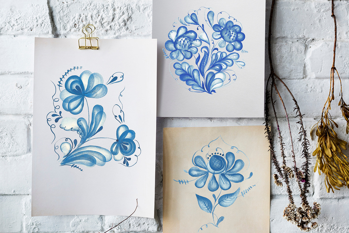 Gzhel watercolor clipart, an Illustration by Nataliapiache (Photo 4 of 5)