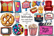 Watercolor Movie Night Clipart, an Illustration by OK Design (Thumbnail 1 of 5)