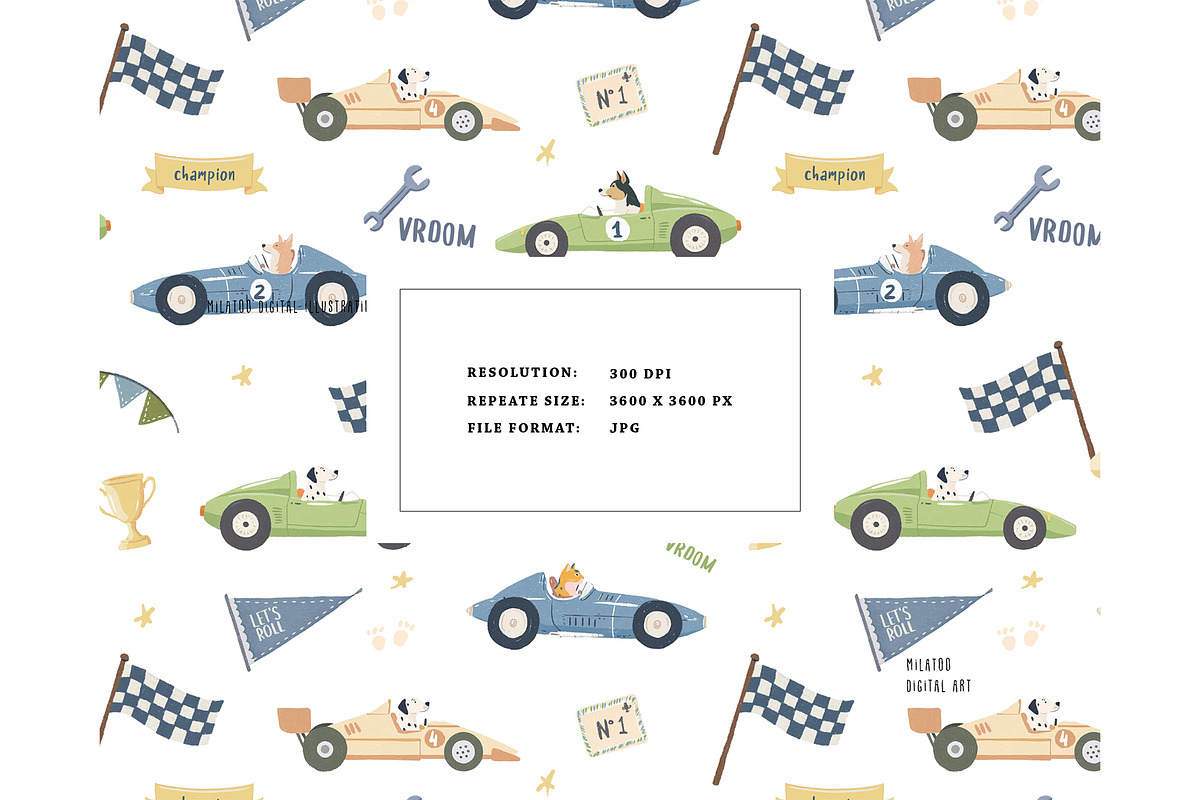 Racing pattern Cat Dog Racer car f1, a Pattern Graphic by Milatoo (Photo 3 of 4)