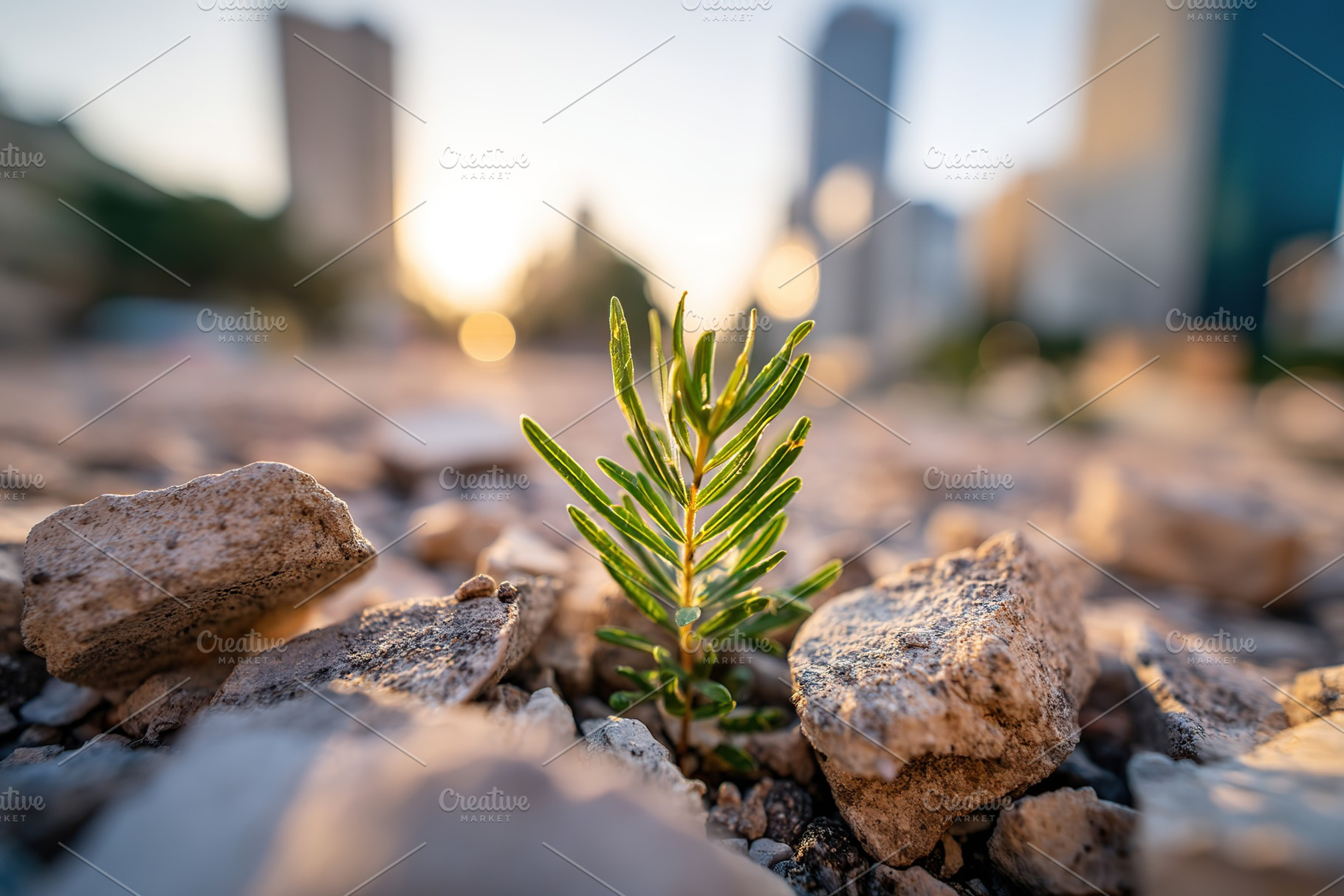 Tiny green seedling emerges through rocky ground in urban environment at sunset, a Photo by AlyaAnd