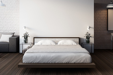 The loft & modern bedroom  3d rende containing bedroom, interior, and hotel, an Architecture Photo by TONTECTONIX