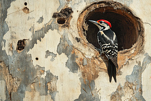 Woodpecker bird sitting in a hollow of tree trunk, an Animal Photo by AlyaAnd