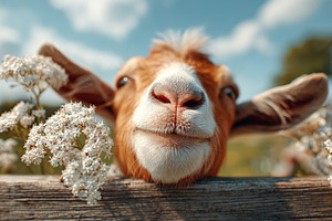 Goat with a joyful expression surrounded by flowers in a sunny rural setting, an Animal Photo by AlyaAnd