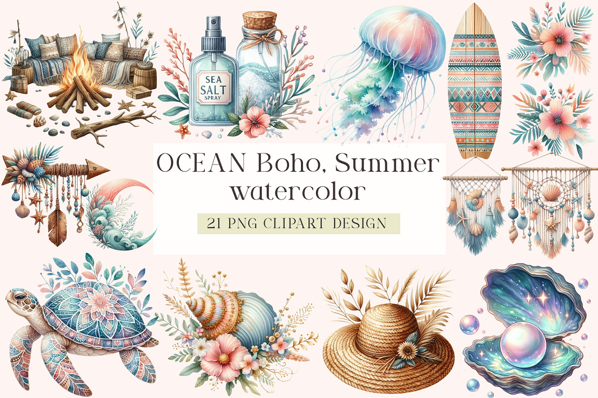 OCEAN Boho, Summer Clipart, an Illustration by DreamArtGraphic (Photo 1 of 4)
