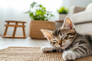 Kitten sleeping peacefully on textur, a Photo by Dvoevnore photos