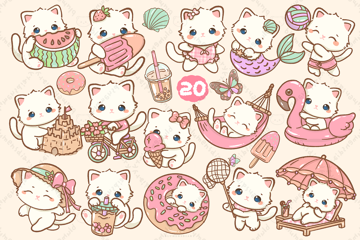 Kawaii White Cat Pink Summer Clipart, an Animal Illustration by Blumensdiary (Photo 2 of 4)