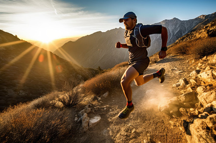 A dynamic shot of a trail runner in action, running downhill on, a Sports & Recreation Photo by designvectx