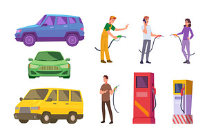 Gas station. Drivers fill up car, a Transportation Illustration by Onyx