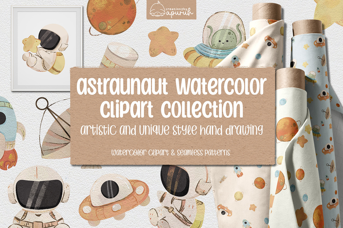 Astronaut Watercolor Clipart Nursery, a Decorative Illustration by creationsbyapuruh (Photo 1 of 6)