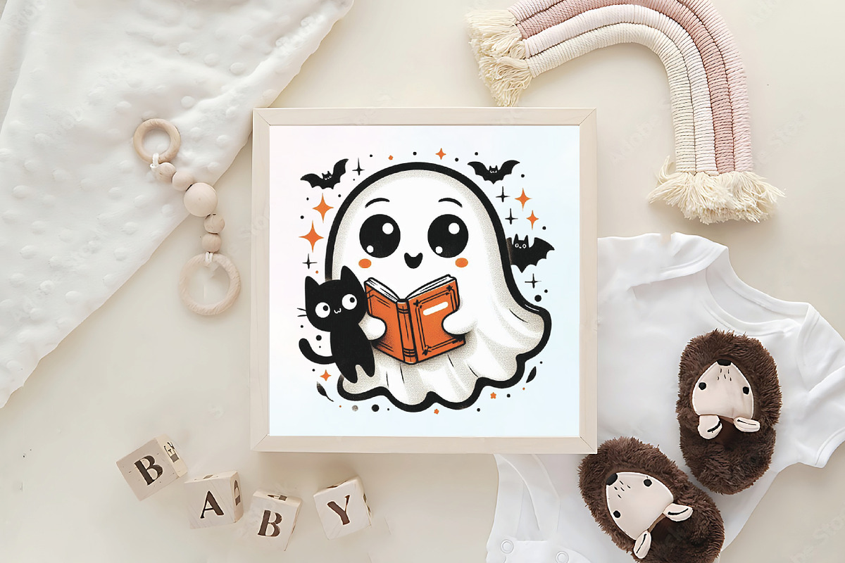 Cute Halloween Ghost Reading Book, an Illustration by CraftArtStudio (Photo 4 of 4)