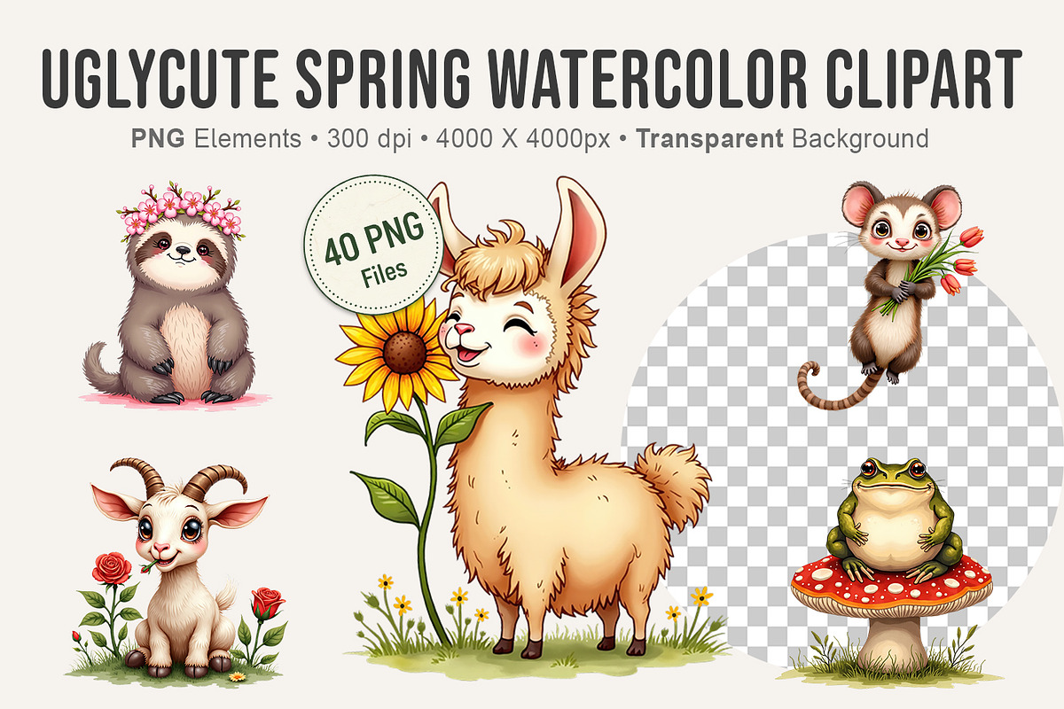 UglyCute Spring Watercolor Clipart, an Animal Illustration by Artnoy (Photo 1 of 8)