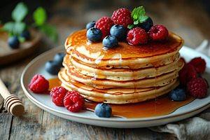 Delicious pancakes stacked high with fresh berries and sweet syrup on a rustic, a Food & Drink Photo by AlyaAnd