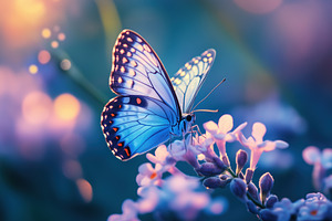 A close-up of a vibrant blue butterfly perched on delicate purple flowers, with, an Arts & Entertainment Photo by Textures & Backgrounds