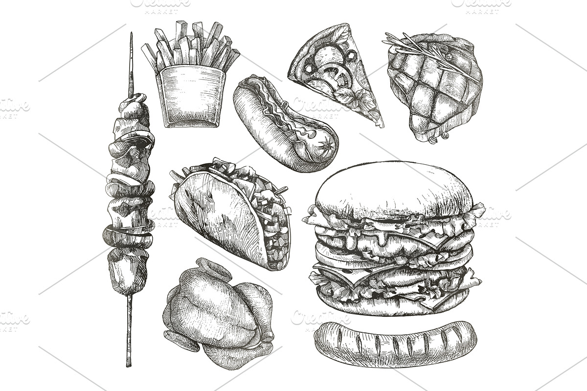 Fast food, hand drawing, vector set, an Outline Icon by Allevinatis Studio