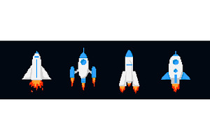 Pixel spaceships and rockets set, an Object Illustration by skripnikbb