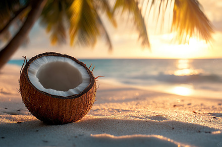 Fresh coconut on sandy beach on seaside background, a Food & Drink Photo by AlyaAnd
