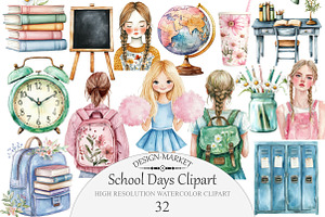 Watercolor School Days Clipart, an Illustration by Design Market