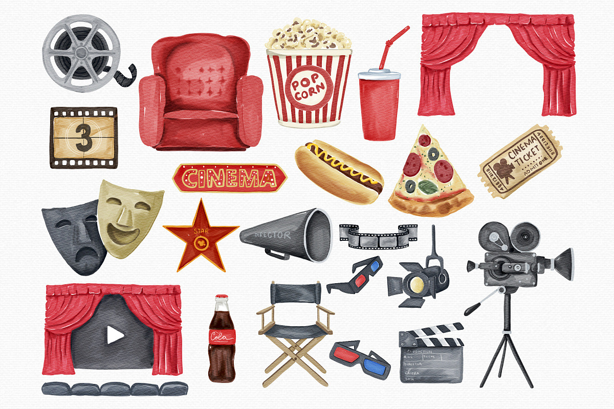 Watercolor Movie Night Clipart, an Illustration by MiracleArtAndDesign (Photo 2 of 2)