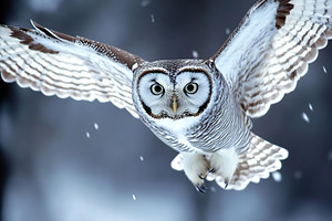 Beautiful owl flying with outstretched wings, an Animal Photo by AlyaAnd