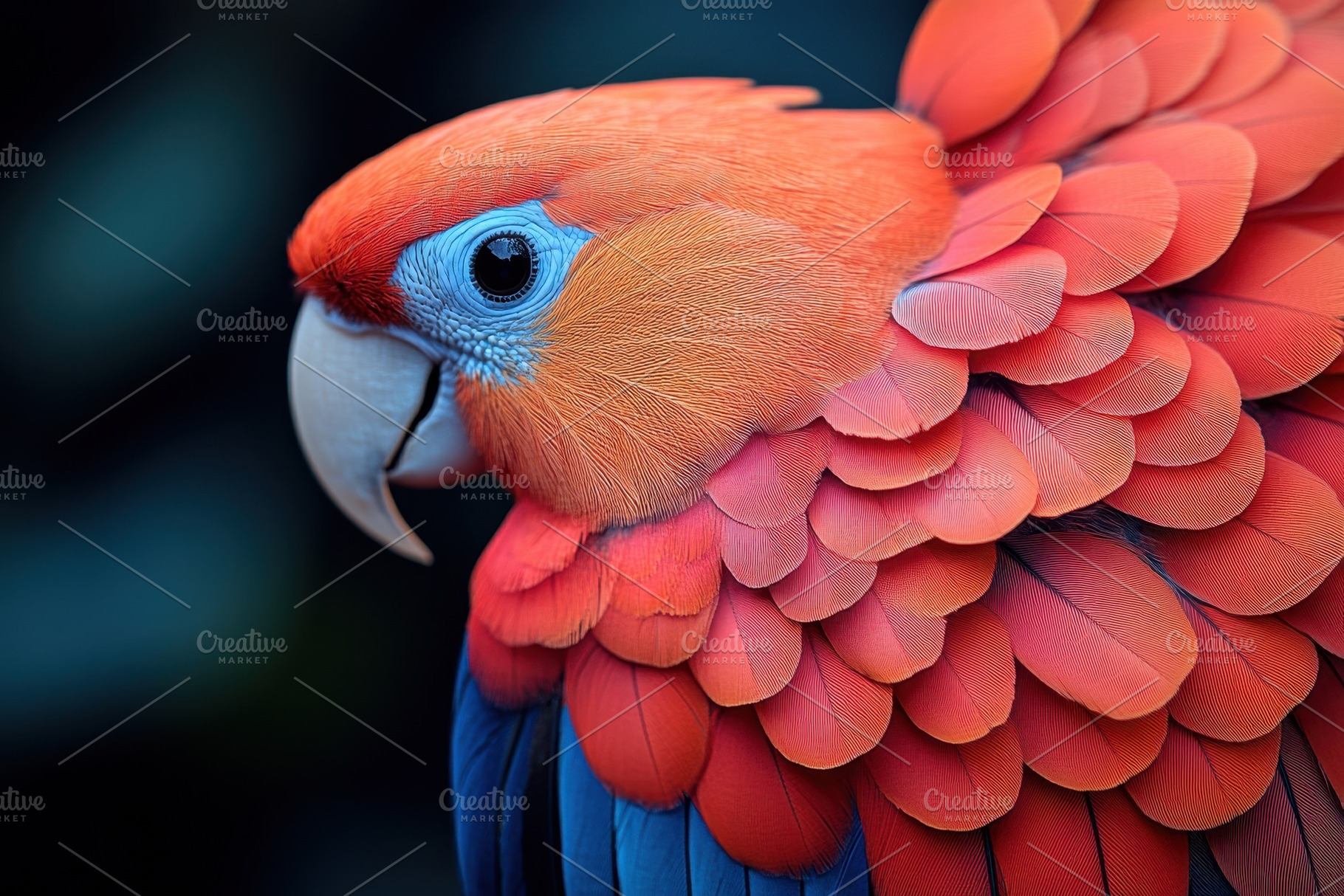 Vibrant scarlet macaw perched quietl, a Photo by Tanuart
