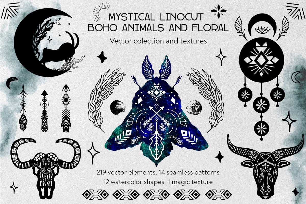 Mystical linocut boho. Celestial set, a Background Graphic by KomannaArt (Photo 1 of 12)