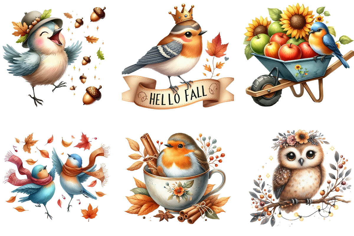Whimsical Fall Birds Clipart, a Seasonal Illustration by DreamArtGraphic (Photo 2 of 4)