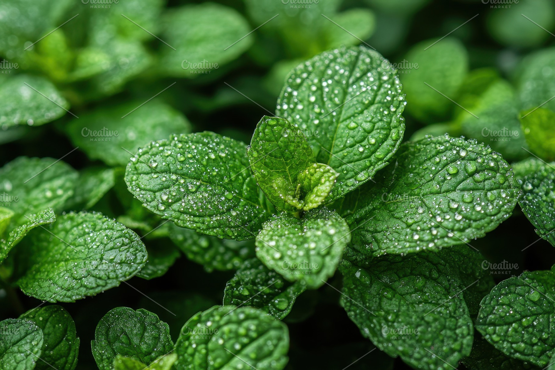 Fresh mint leaves covered in dew gli, a Photo by Tanuart