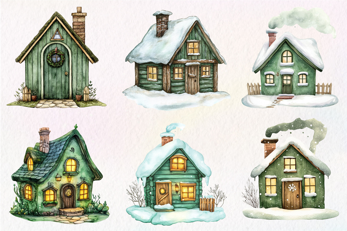 Cozy Green Winter Cottage Clipart, an Illustration by Dream Creation (Photo 2 of 6)