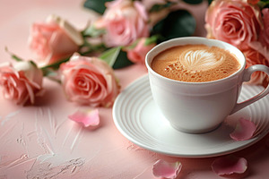 Coffee cup with pink flowers and scattered beans cozy floral sce, a Holiday Photo by José Manuel Gelpi