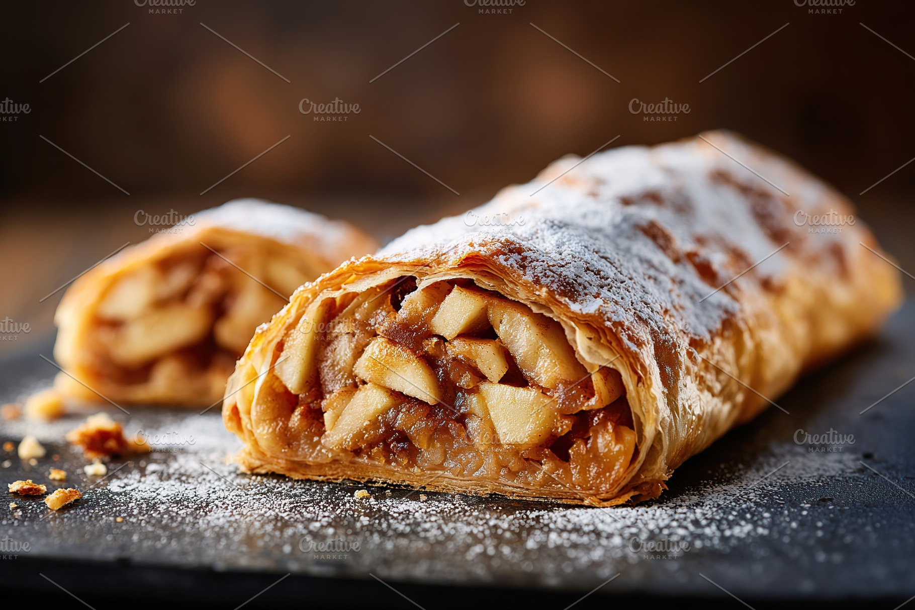 Delicious apple strudel with a golden crust and sweet apple filling on a rustic, a Food & Drink Photo by AlyaAnd