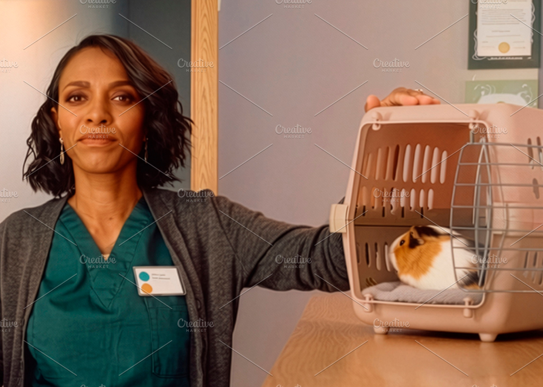 Mature black woman at veterinary clinic waiting area with guinea, a Photo by DanFLCreativo
