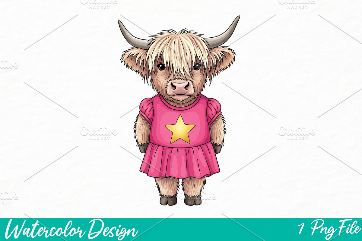 Cute Highland Cow PNG, an Illustration by Watercolor design (Photo 1 of 3)