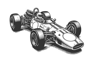 Formula Race Car engraving vector, a Transportation Illustration by AlexArt