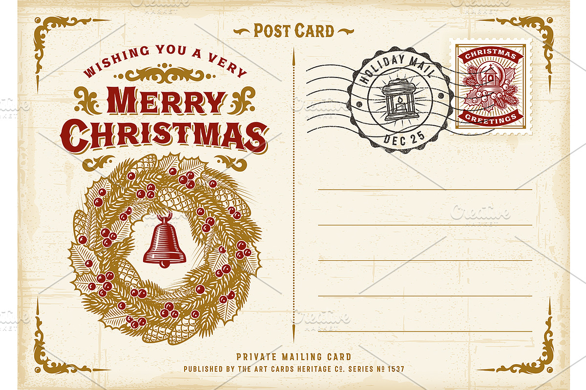 Vintage Merry Christmas Postcard, a Decorative Illustration by Retro Graphics (Photo 2 of 2)