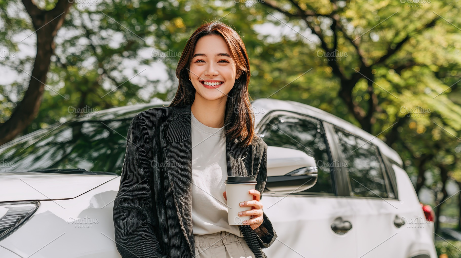 Happy woman coffee car outdoor sunsh, a Photo by Pixeness Studio
