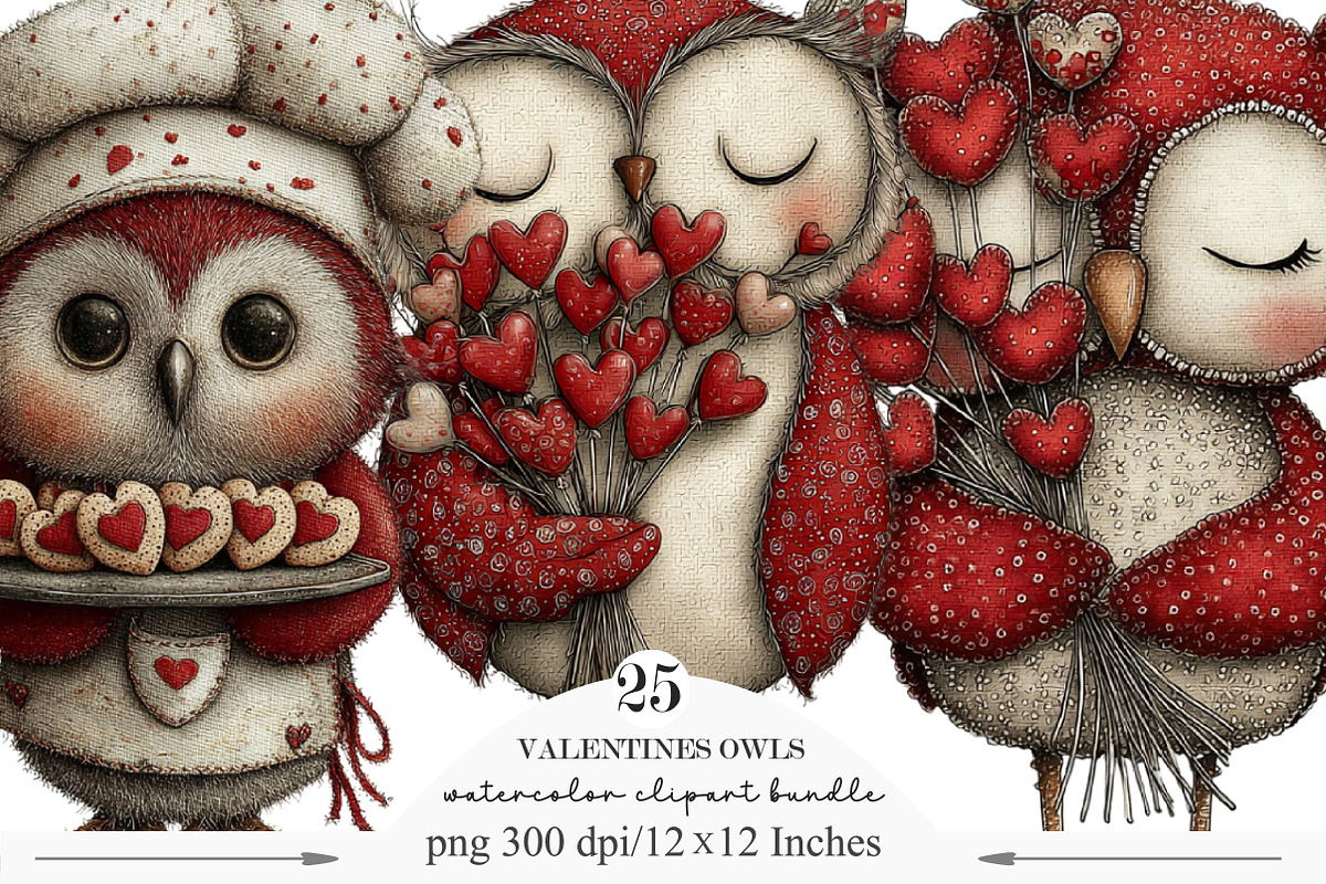 Whimsical Valentines Owls Clipart, an Illustration by Designking (Photo 1 of 5)