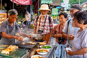 Asian multicultural group of tourists gathered around a busy str