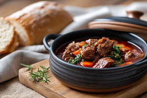 Beef stew with vegetables served in, a Food & Drink Photo by MistyDay