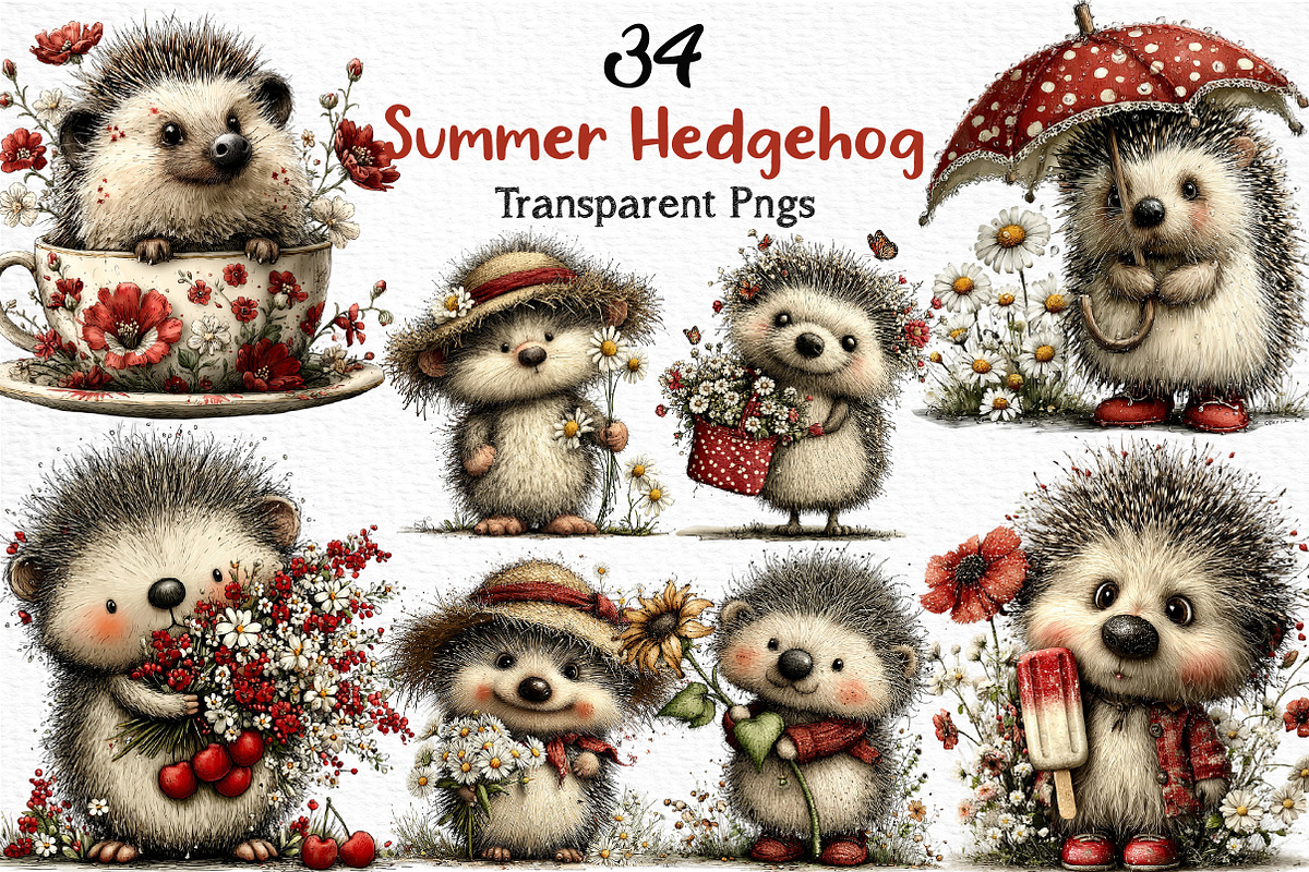 Whimsical Summer Hedgehog Clipart, an Illustration by Craft Nest (Photo 1 of 12)